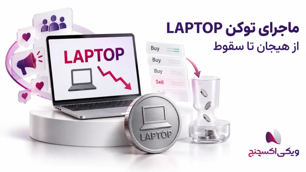 توکن LAPTOP با لپ‌تاپ، مسیر نزولی و کاهش نقدینگی در پس‌زمینه سفید